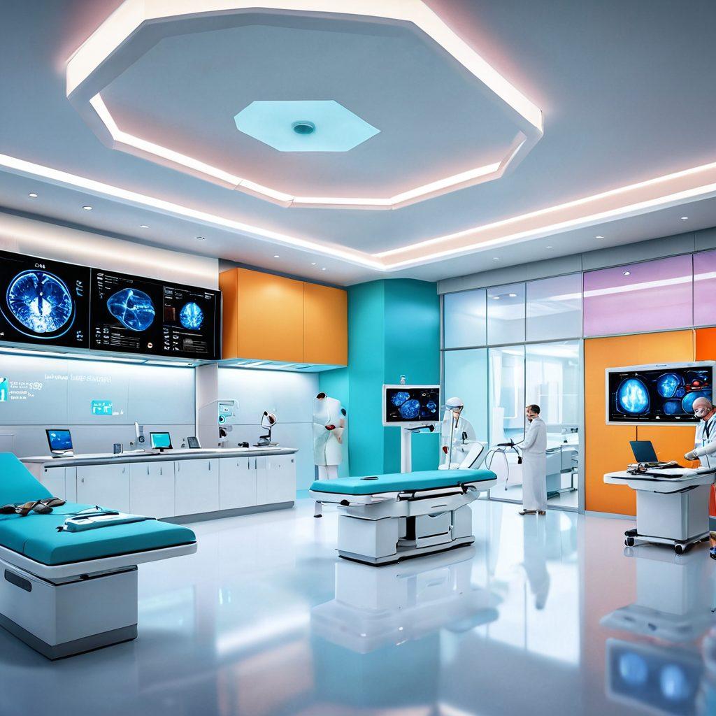 A futuristic hospital setting, showcasing advanced cancer treatment technologies like robotic surgery and telemedicine. Include diverse patients interacting with compassionate healthcare professionals amidst screens displaying oncology research data. Bright, inspiring colors and contemporary architecture create an optimistic atmosphere. super-realistic. vibrant colors. 3D.