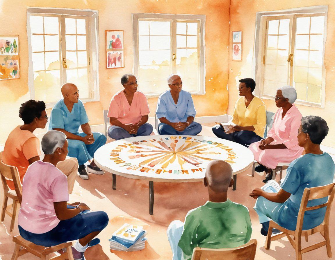 A heartfelt scene depicting a group of diverse cancer patients gathered in a supportive circle, sharing stories and resources. In the background, a warm glow of light represents hope and empowerment, with symbols of awareness like ribbons and informative brochures scattered among them. The environment is calming and welcoming, embodying community spirit. soft-focus. warm colors. watercolor style.